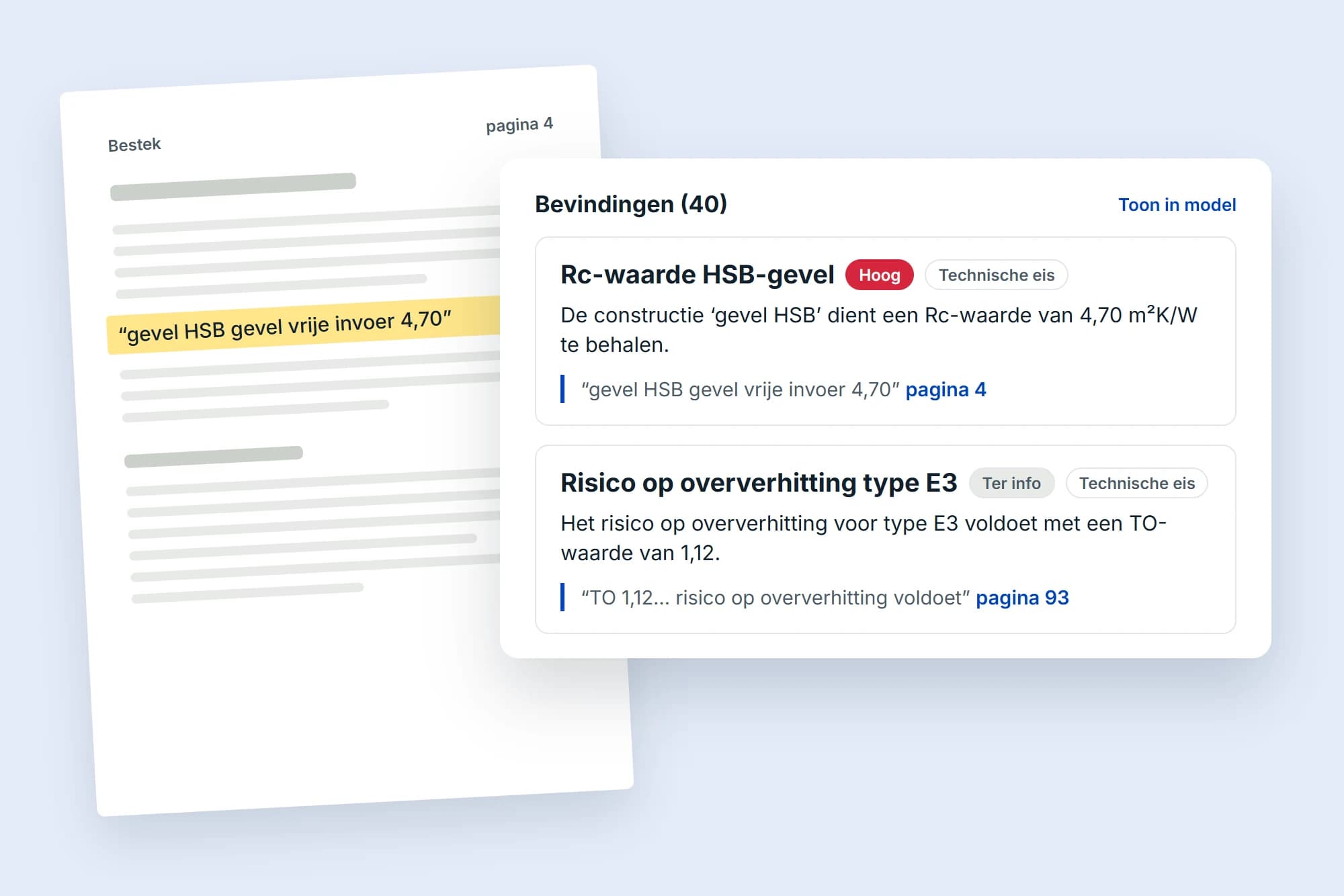 Een bladzijde uit een bestek met een gemarkeerd citaat, en daarnaast de bevindingen: de Rc-waarde van de HSB-gevel moet 4,70 m²K/W zijn (urgentie hoog, pagina 4), en het risico op oververhitting voor type E3 voldoet (ter info, pagina 93).