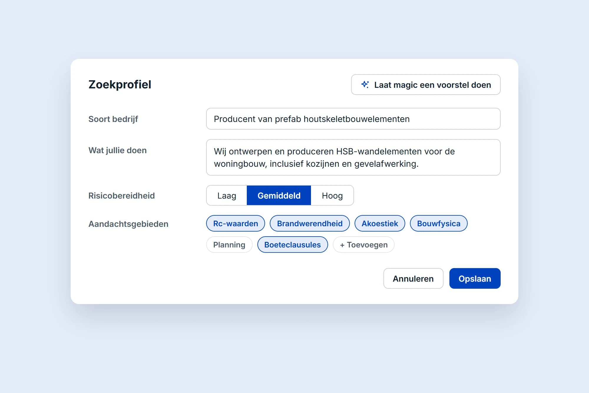 Het zoekprofiel: soort bedrijf, wat jullie doen, risicobereidheid en aandachtsgebieden, met de knop om Factor10 magic een voorstel te laten doen.