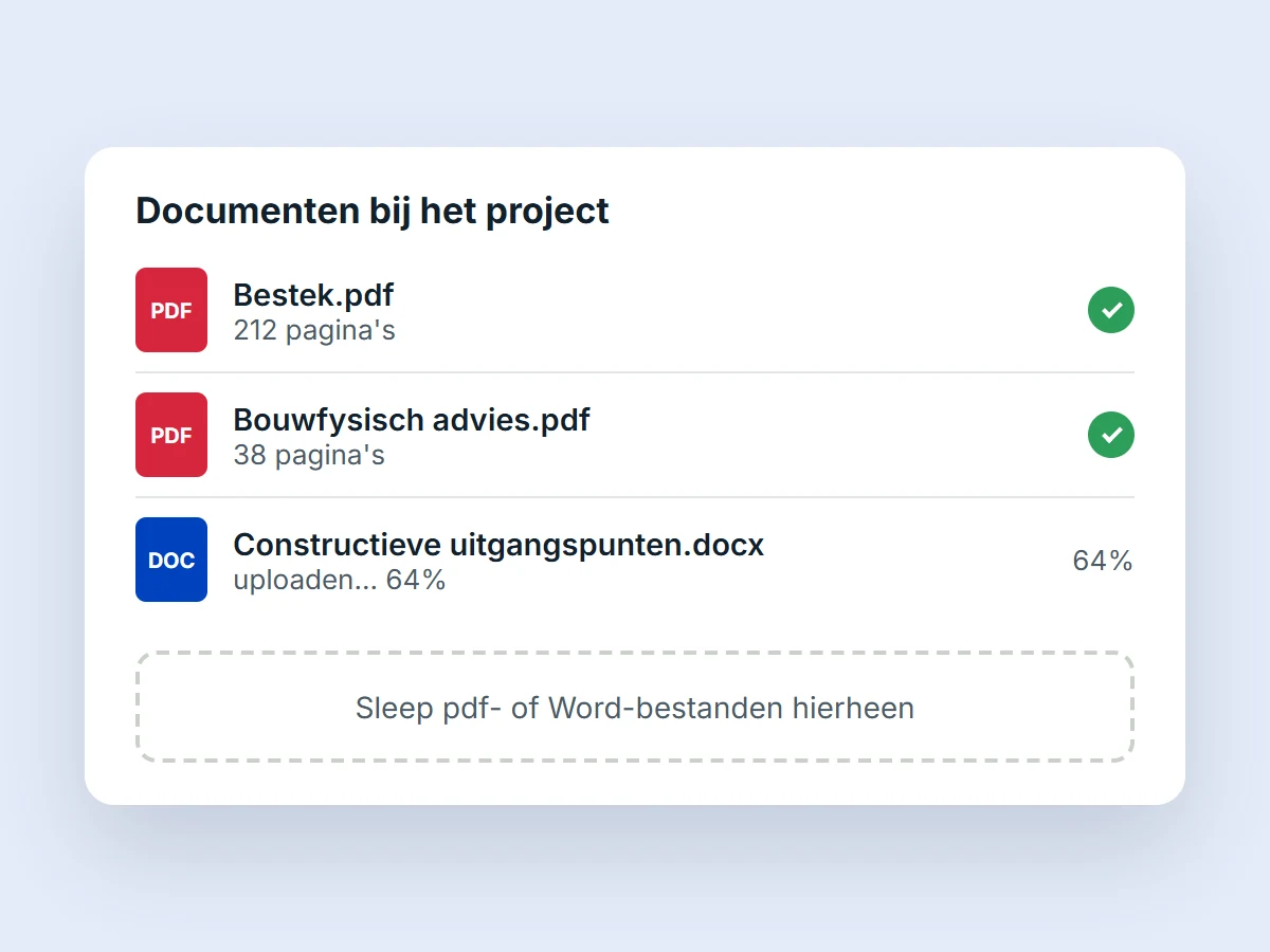 Documenten bij een project: het bestek en een bouwfysisch advies zijn geüpload, een Word-document is nog bezig, met een vak om bestanden in te slepen.