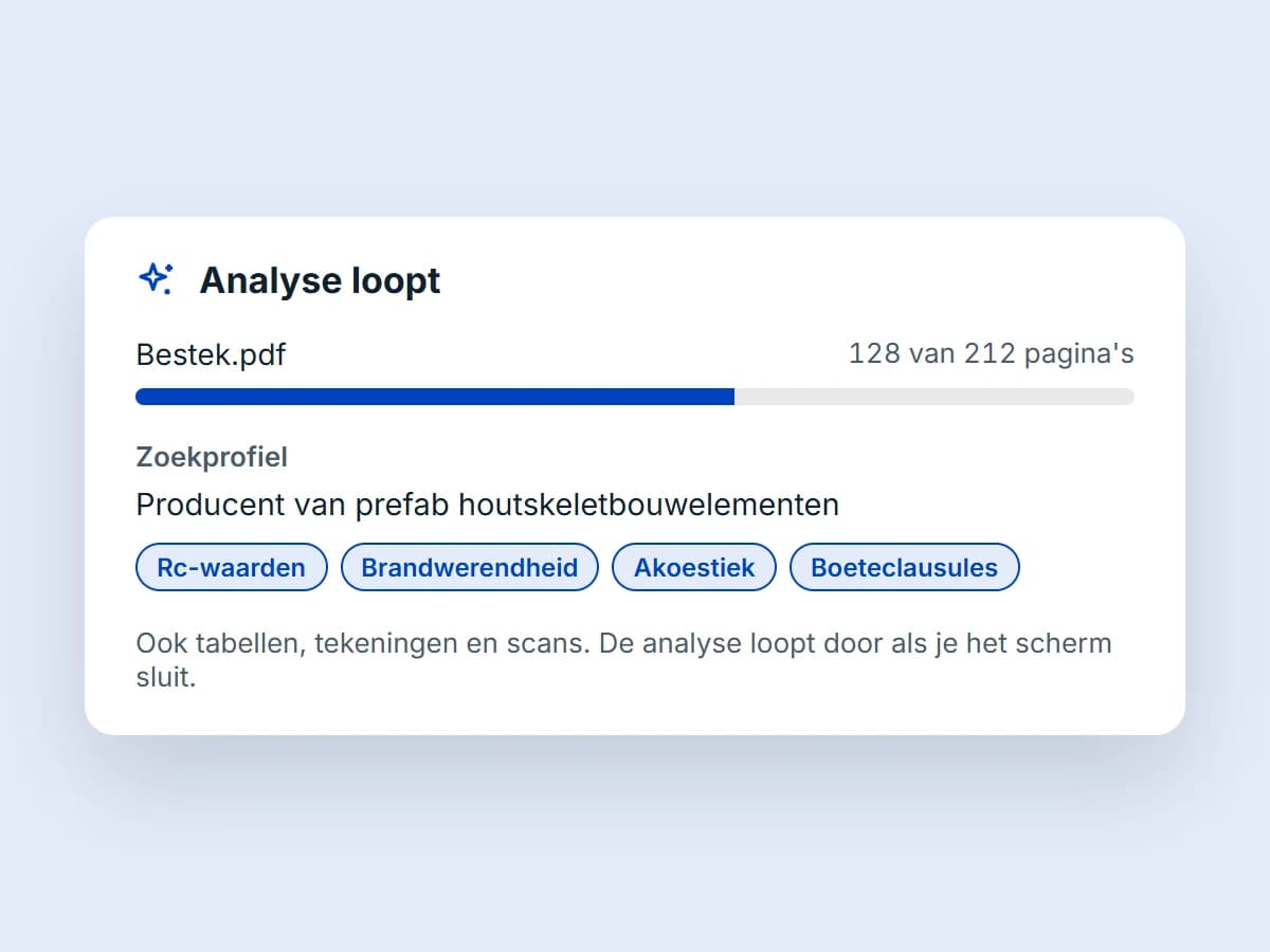 De analyse van het bestek loopt, 128 van 212 pagina's, met het zoekprofiel en de aandachtsgebieden waar Factor10 op let.