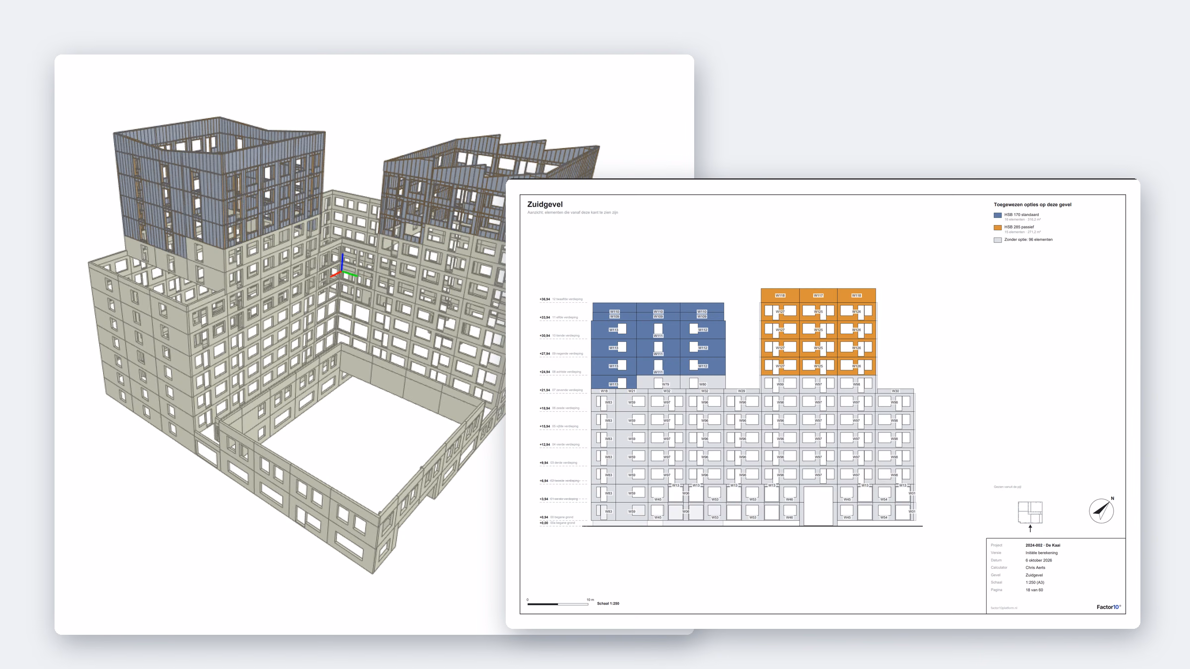 Het verrijkte IFC-model in 3D, met daarvoor de gevelaanzichttekening van de zuidgevel waarop de toegewezen opties in kleur staan.