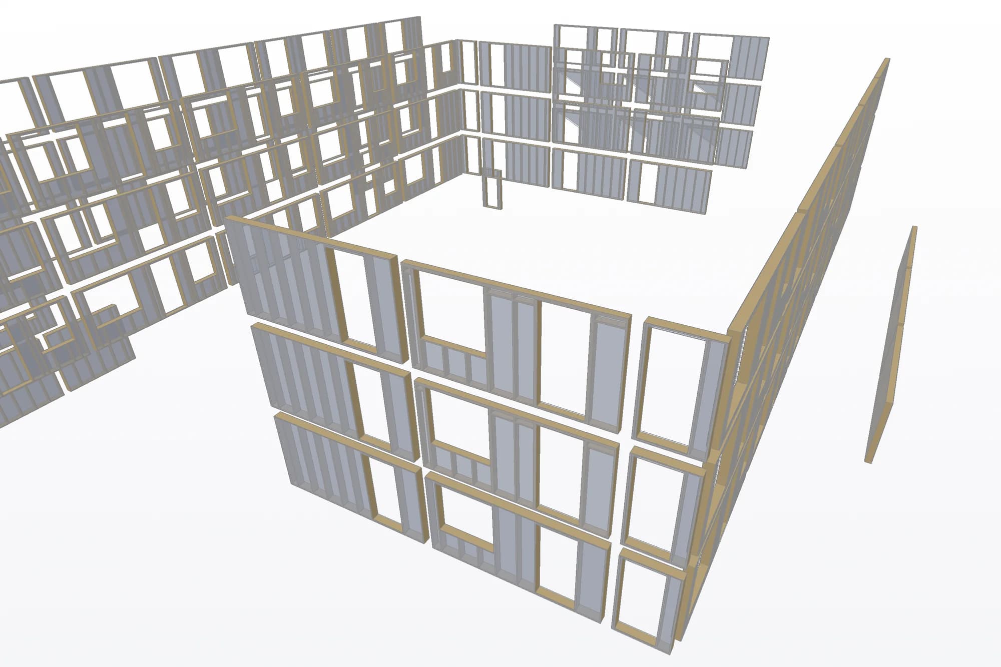HSB-elementen in het 3D-model, per wand opgebouwd uit het wandpakket: beplating over het houten frame.