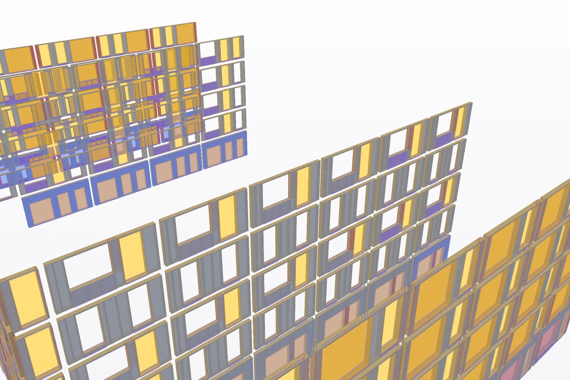 Controle op spelregels: wanden in het 3D-model gekleurd per overtreden regel, zoals borstwering, dammaat en maximale sparing, met het aantal meldingen per regel.