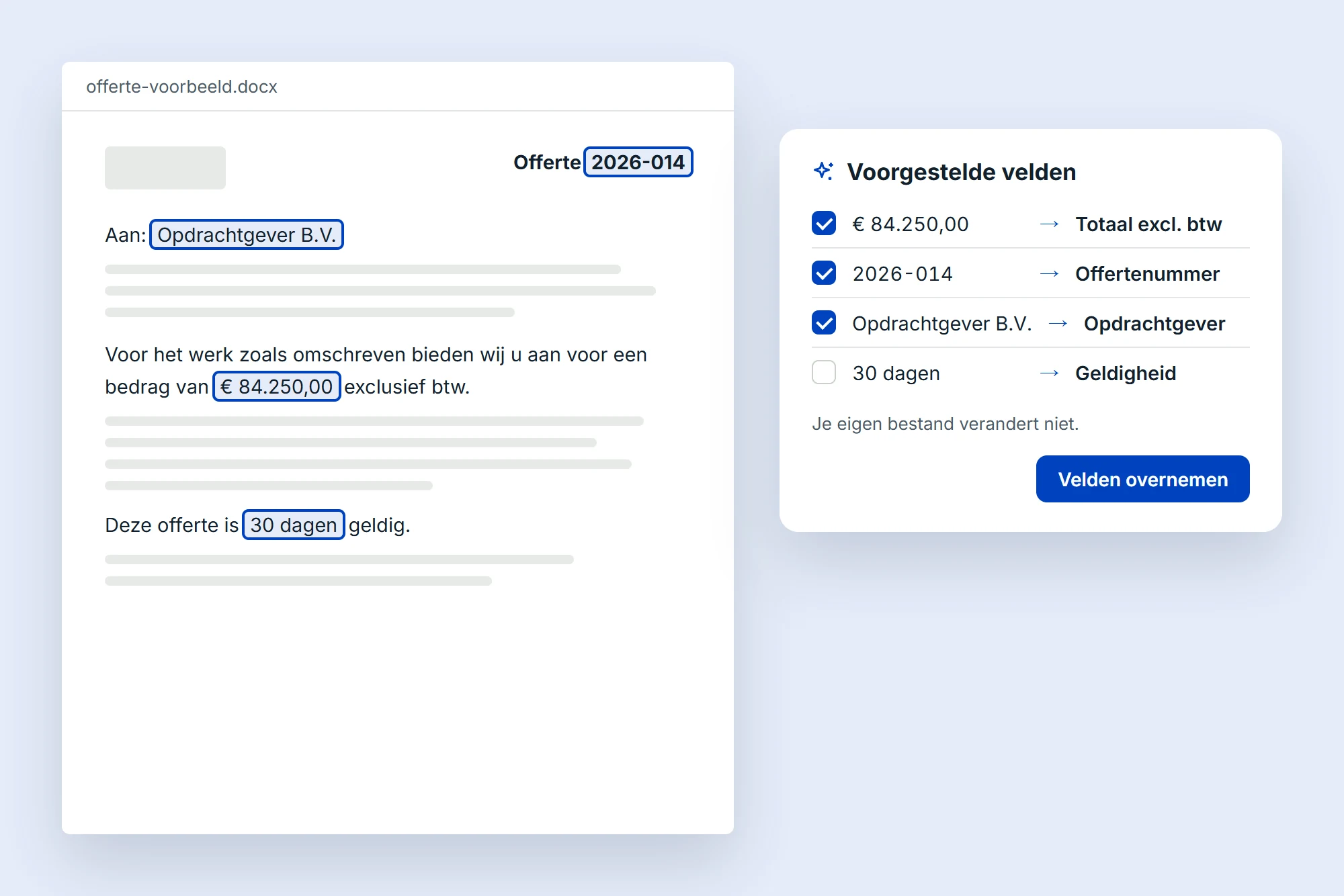 Een bestaande offerte in Word met per plek een voorgesteld veld, zoals het totaalbedrag exclusief btw.