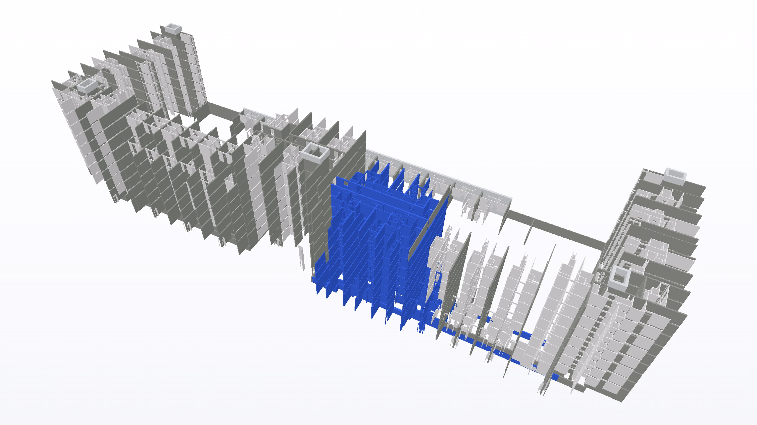Het betoncasco van een gebouw in Factor10 Calculatie, met een geselecteerd deel van de wanden in blauw.