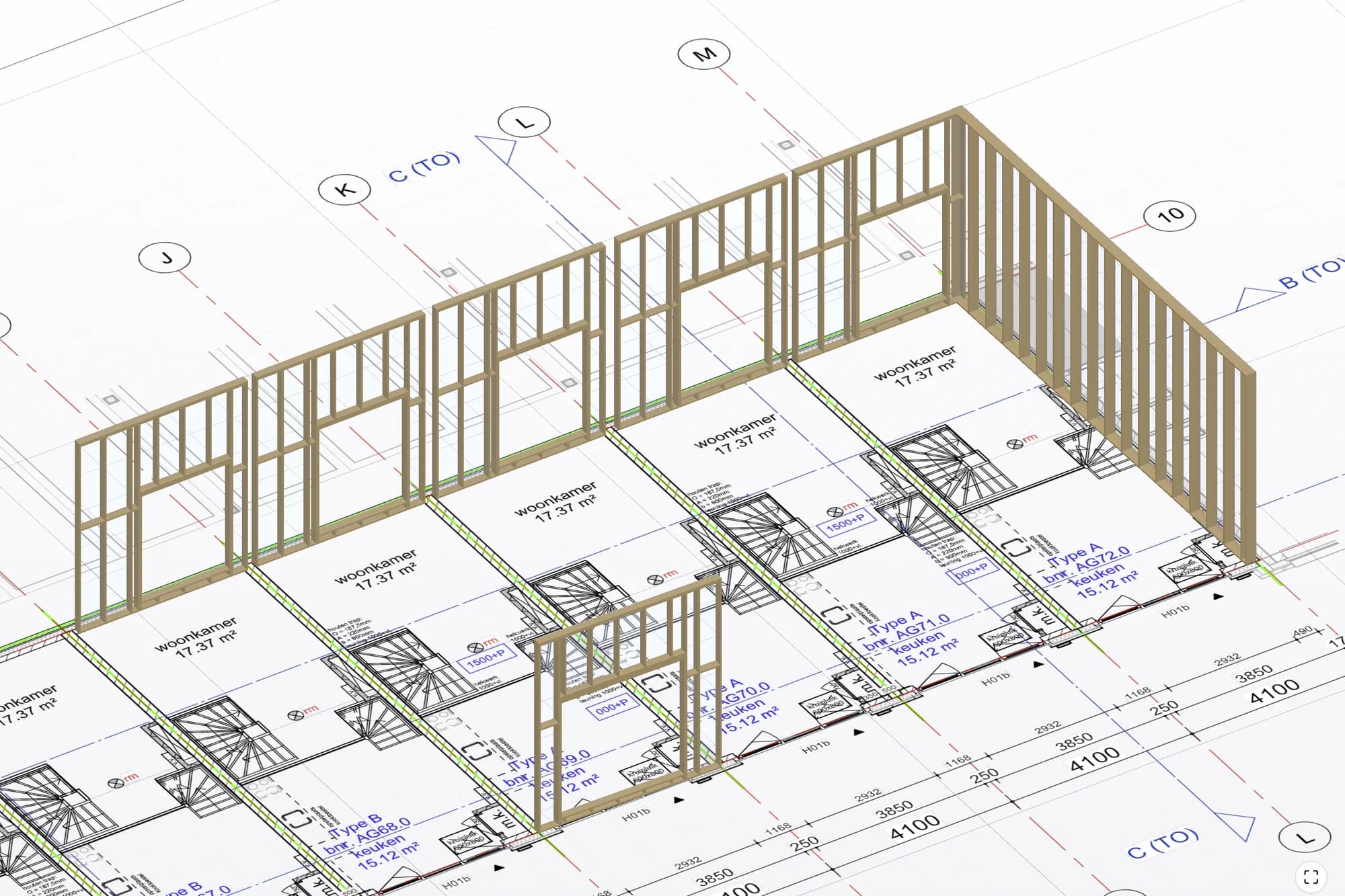 HSB-frames getekend op een pdf-plattegrond, zonder IFC-model: de wanden staan in 3D op de tekening.