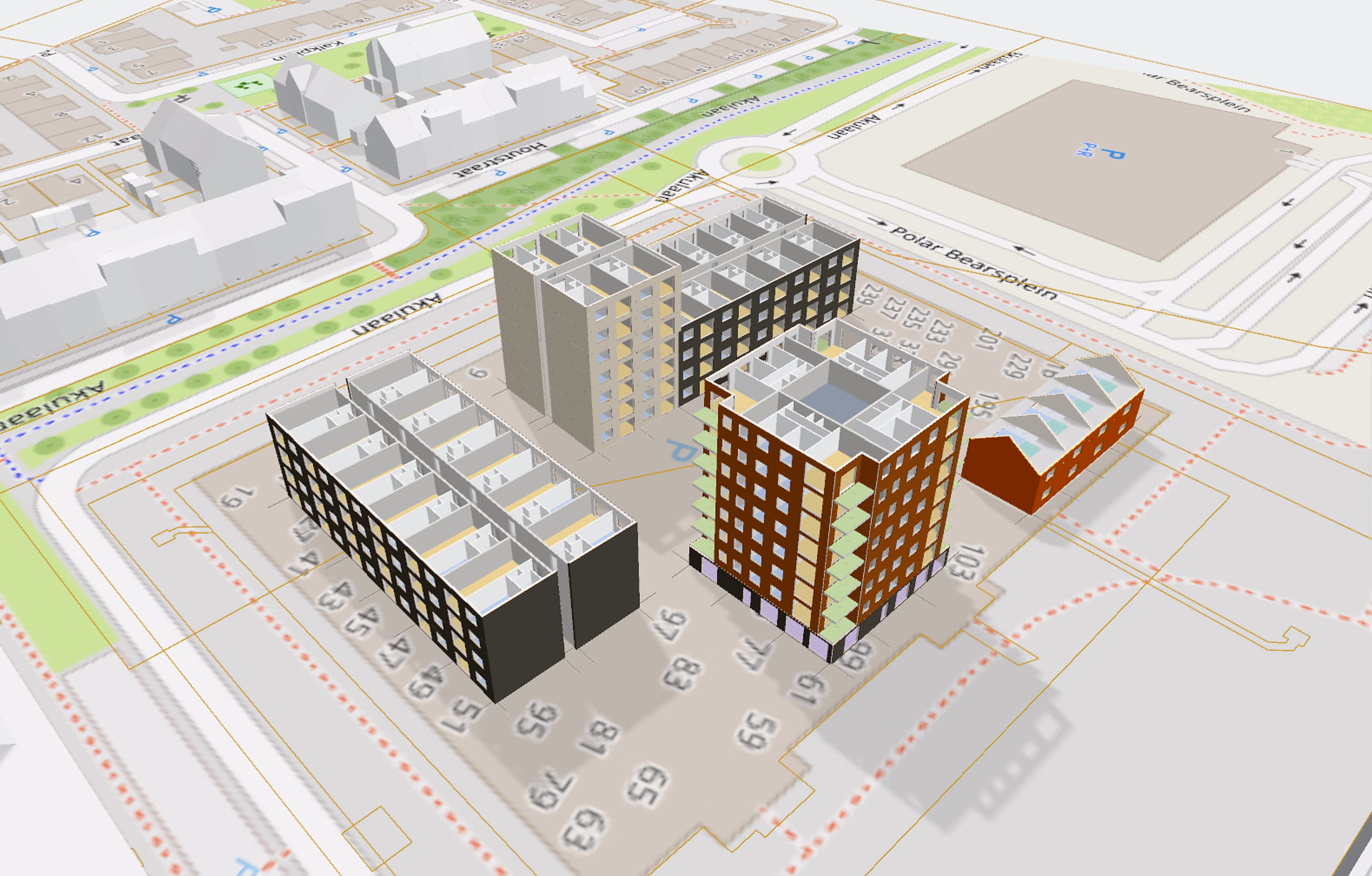 Een configurator van Factor10 Ontwerp & engineering: meerdere gebouwen met verschillende gevels en plattegronden ontworpen op een locatie, met de straten en bebouwing eromheen.
