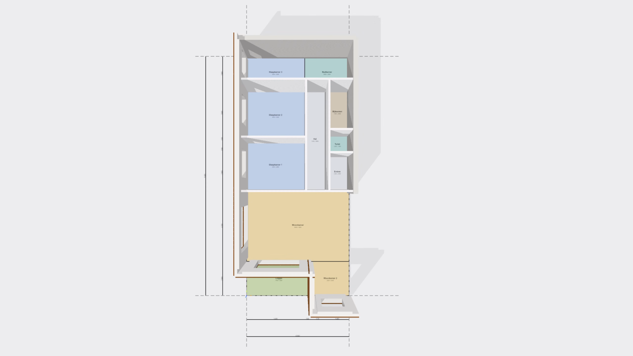 Plattegrond van een appartement in een woontoren, met de ruimtes in kleur en de maatvoering eromheen.