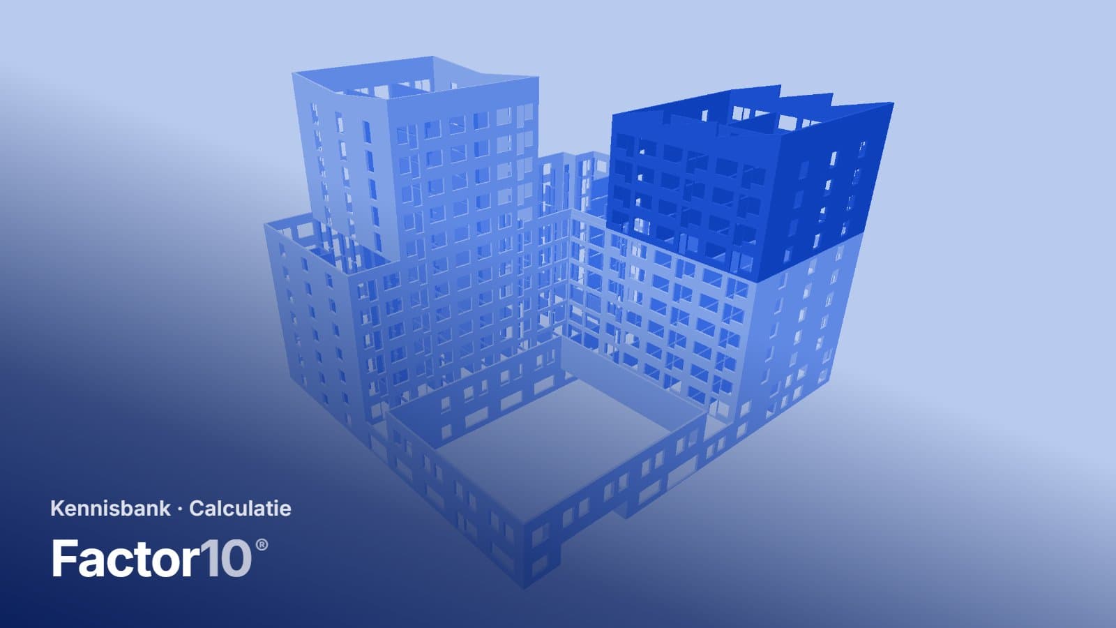 Een woongebouw als IFC-model met een geselecteerde gevel, in Factor10-blauw, met het logo van Factor10